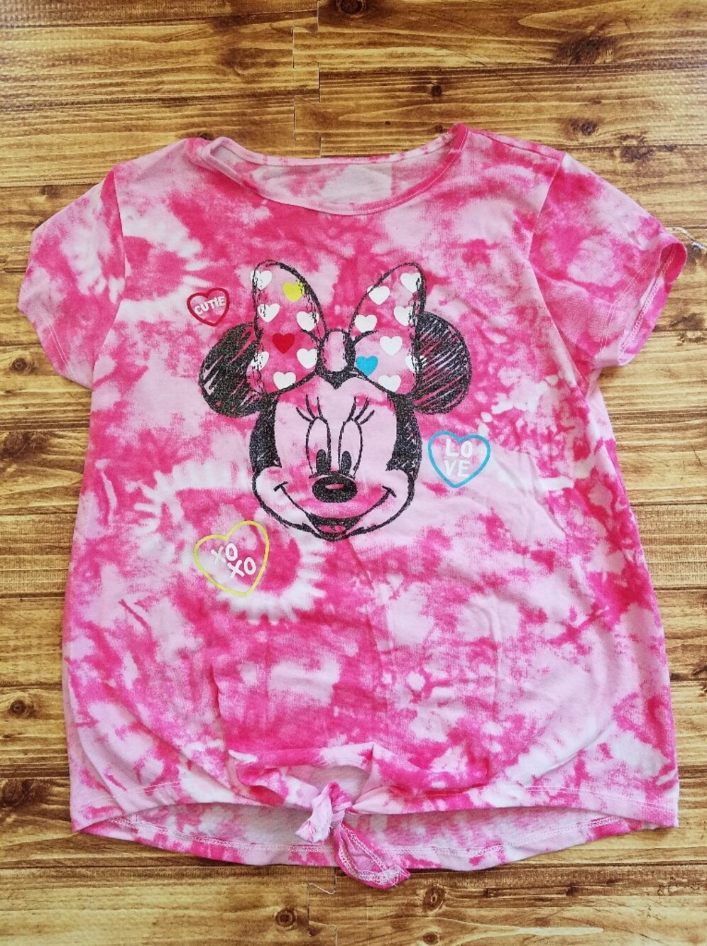 Disney Minnie Mouse Pink Tie Dye Front Tie Graphic Shirt Girls Size L 10/12